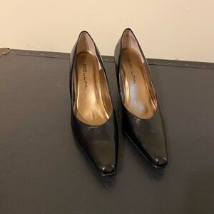 Bellini (Rosa) Sophisticated Black Pointed-Toe Leather Chunky 3” Heel Pumps, 7M